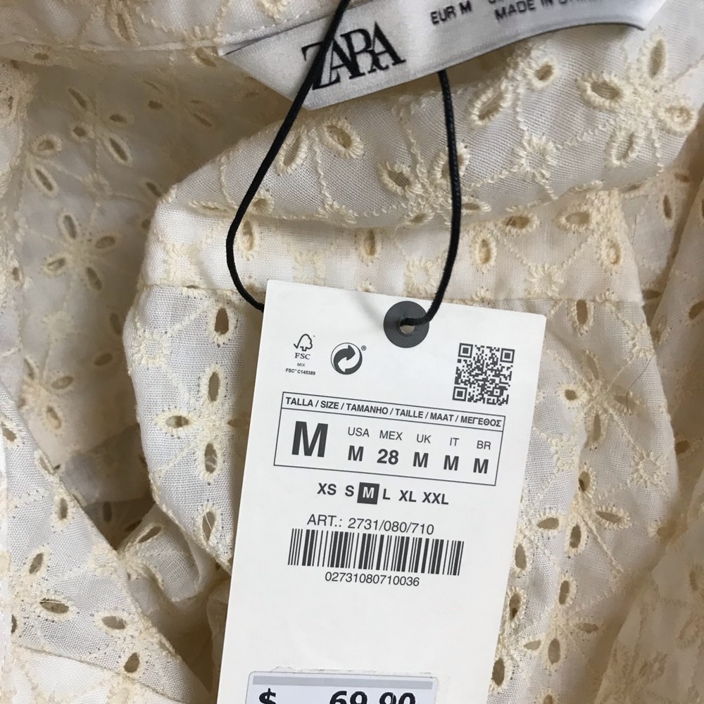 Zara Cream Eyelet Button-Up Tunic Shirt NWT - Picture 8 of 8